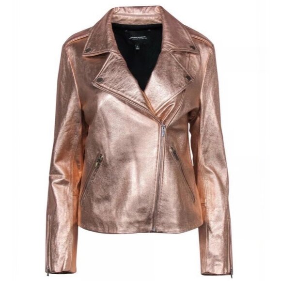 Neiman Marcus Rose Gold Metallic Leather Moto Jacket – Size M - Picture 1 of 11